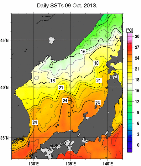 日本海の海面水温分布図（10月9日）