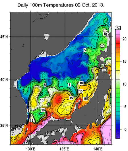 日本海の深さ100mの水温分布図（10月9日）