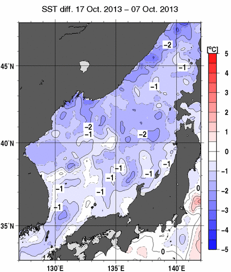 日本海の10日間の海面水温変化量分布図（10月17日）