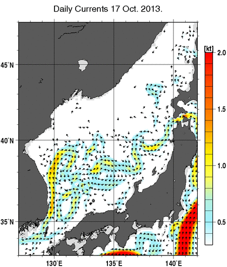 日本海の深さ50mの海流分布図（10月17日）