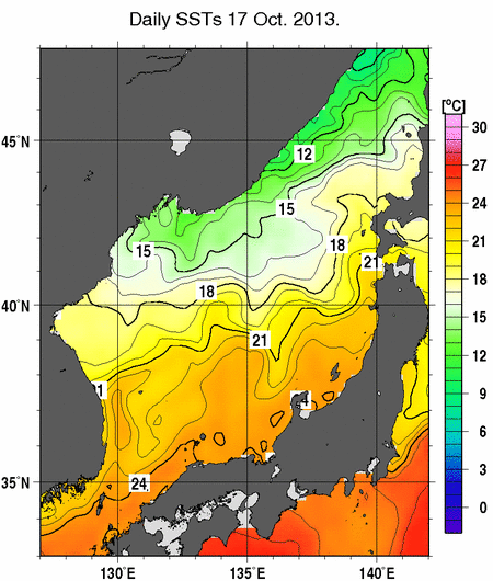 日本海の海面水温分布図（10月17日）