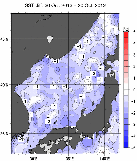 日本海の10日間の海面水温変化量分布図（10月30日）