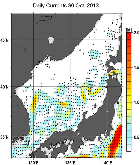 日本海の深さ50mの海流分布図（10月30日）