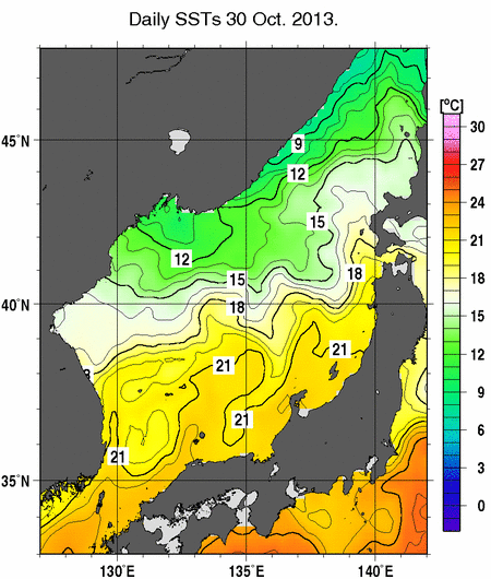 日本海の海面水温分布図（10月30日）