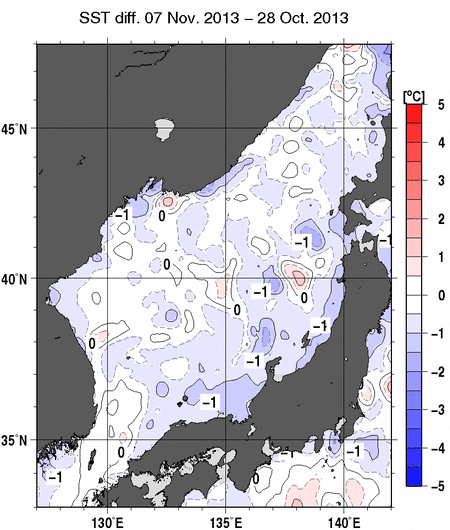 日本海の10日間の海面水温変化量分布図（11月7日）