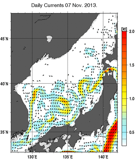 日本海の深さ50mの海流分布図（11月7日）