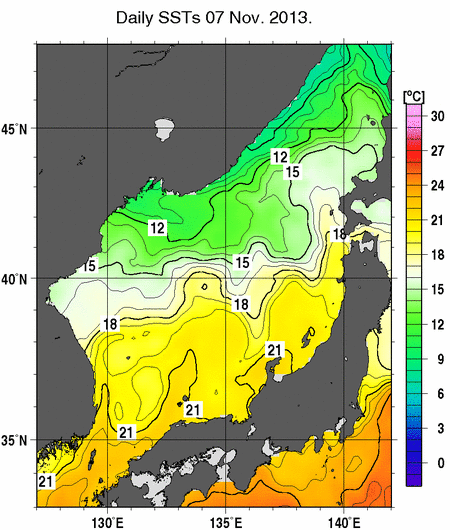 日本海の海面水温分布図（11月7日）