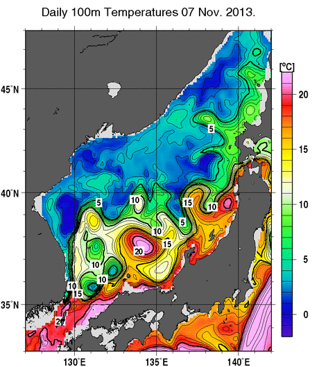 日本海の深さ100mの水温分布図（11月7日）