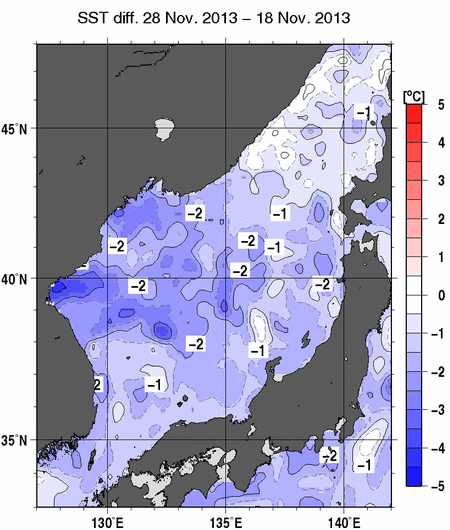 日本海の10日間の海面水温変化量分布図（11月28日）