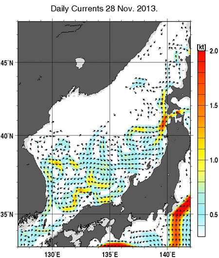 日本海の深さ50mの海流分布図（11月28日）