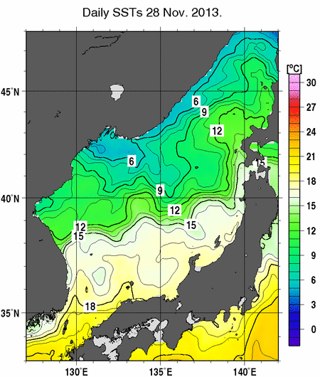 日本海の海面水温分布図（11月28日）