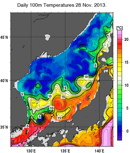 日本海の深さ100mの水温分布図（11月28日）