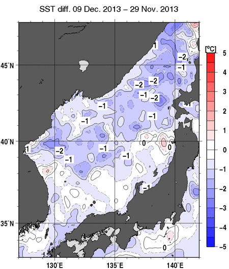 日本海の10日間の海面水温変化量分布図（12月9日）