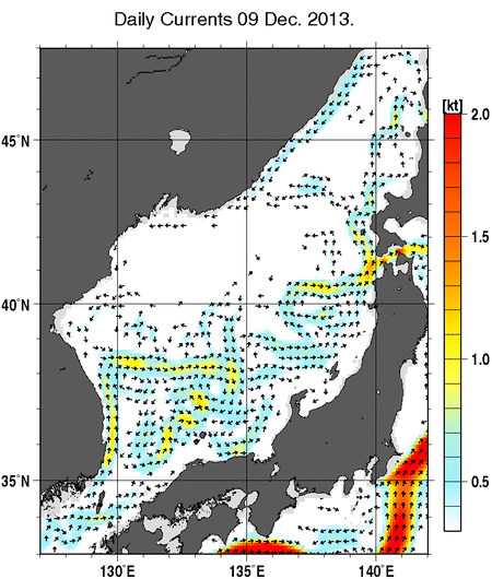 日本海の深さ50mの海流分布図（12月9日）