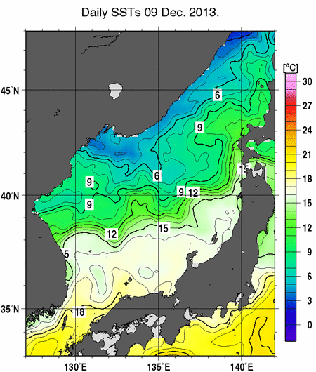 日本海の海面水温分布図（12月9日）