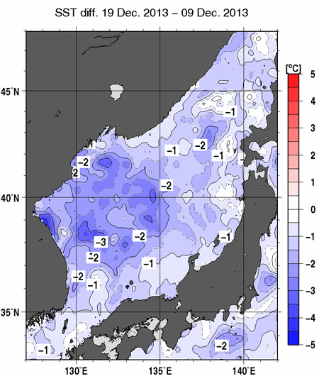 日本海の10日間の海面水温変化量分布図（12月19日）