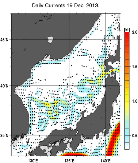 日本海の深さ50mの海流分布図（12月19日）