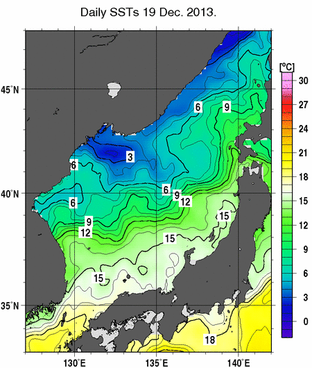 日本海の海面水温分布図（12月19日）