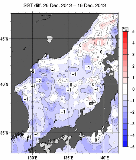 日本海の10日間の海面水温変化量分布図（12月26日）