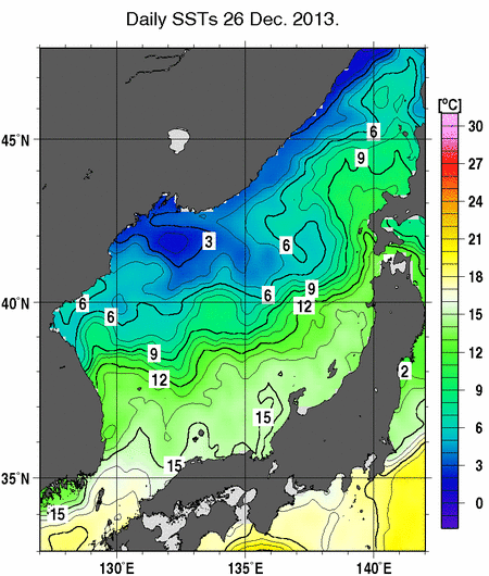 日本海の海面水温分布図（12月26日）