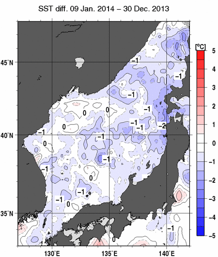 日本海の10日間の海面水温変化量分布図（1月9日）