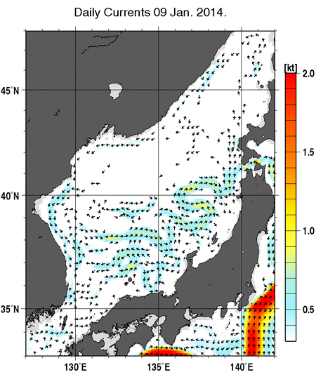 日本海の深さ50mの海流分布図（1月9日）