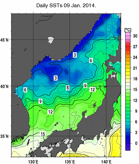 日本海の海面水温分布図（1月9日）