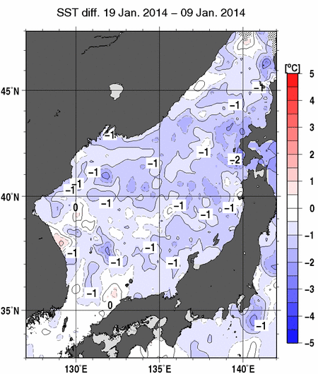 日本海の10日間の海面水温変化量分布図（1月19日）