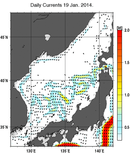 日本海の深さ50mの海流分布図（1月19日）