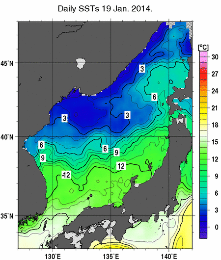 日本海の海面水温分布図（1月19日）