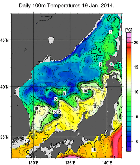 日本海の深さ100mの水温分布図（1月19日）