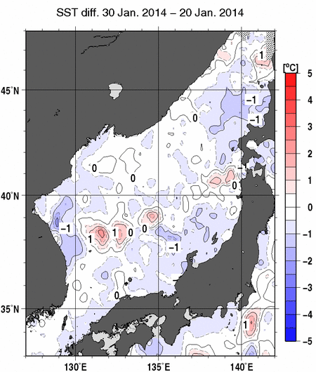 日本海の10日間の海面水温変化量分布図（1月30日）