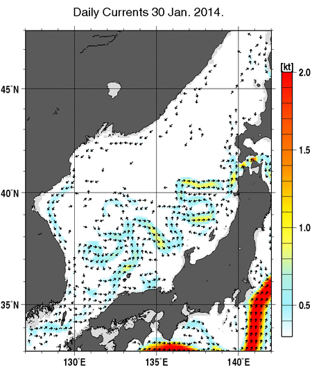 日本海の深さ50mの海流分布図（1月30日）