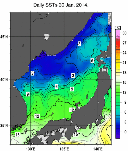 日本海の海面水温分布図（1月30日）