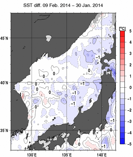 日本海の10日間の海面水温変化量分布図（2月9日）