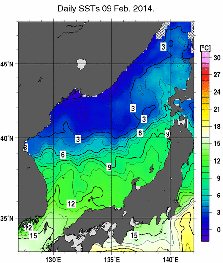 日本海の海面水温分布図（2月9日）