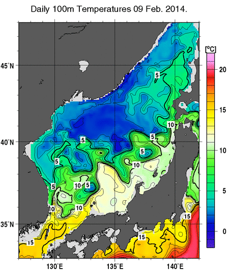 日本海の深さ100mの水温分布図（2月9日）