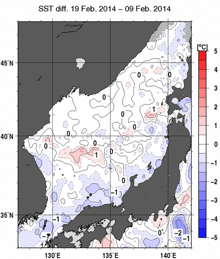 日本海の10日間の海面水温変化量分布図（2月19日）