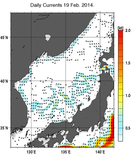 日本海の深さ50mの海流分布図（2月19日）