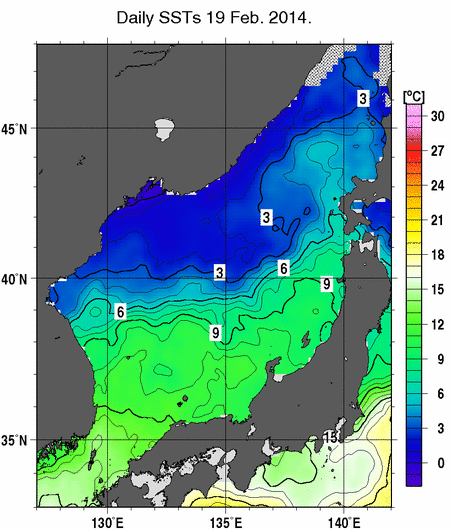 日本海の海面水温分布図（2月19日）