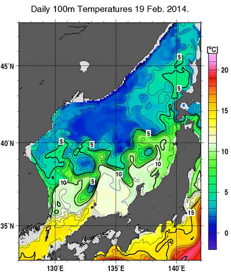 日本海の深さ100mの水温分布図（2月19日）