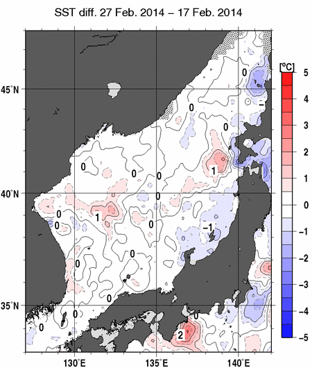 日本海の10日間の海面水温変化量分布図（2月27日）