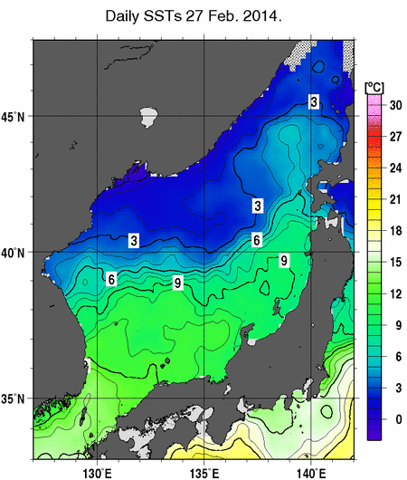 日本海の海面水温分布図（2月27日）