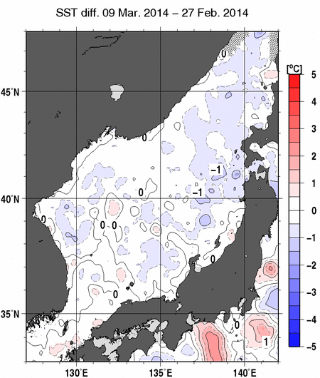 日本海の10日間の海面水温変化量分布図（3月9日）