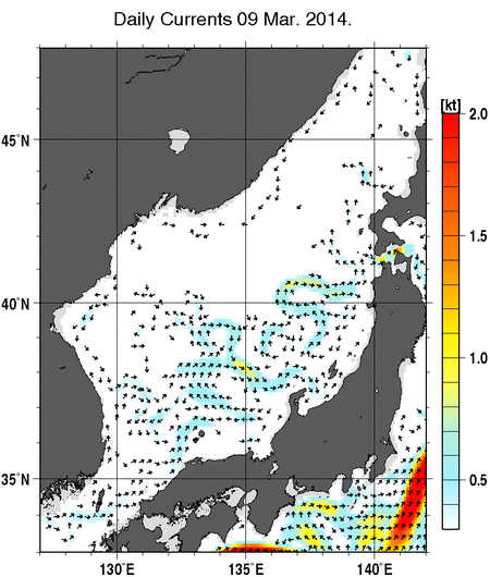 日本海の深さ50mの海流分布図（3月9日）