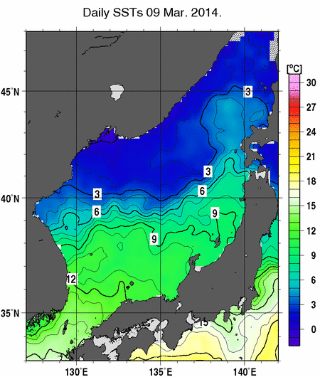 日本海の海面水温分布図（3月9日）