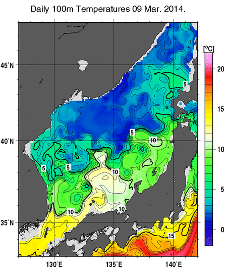 日本海の深さ100mの水温分布図（3月9日）