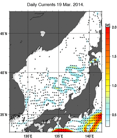 日本海の深さ50mの海流分布図（3月19日）