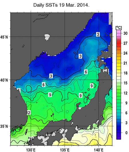 日本海の海面水温分布図（3月19日）