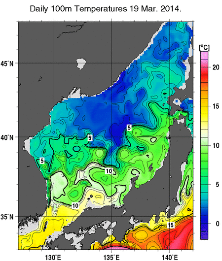 日本海の深さ100mの水温分布図（3月19日）